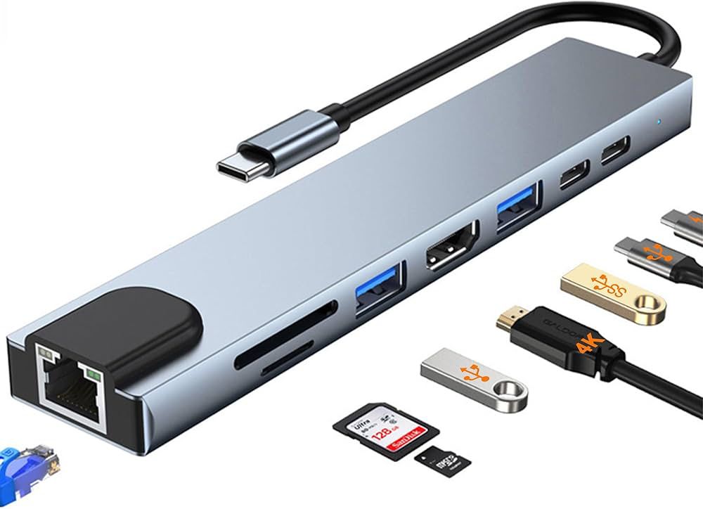 8-in-1 -C Hub with  RJ45 Ethernet, HDMI, USB 3.0 & SD/TF Card Reader
