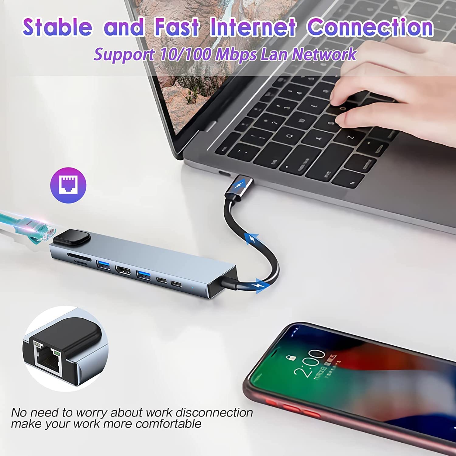 8-in-1 -C Hub with  RJ45 Ethernet, HDMI, USB 3.0 & SD/TF Card Reader
