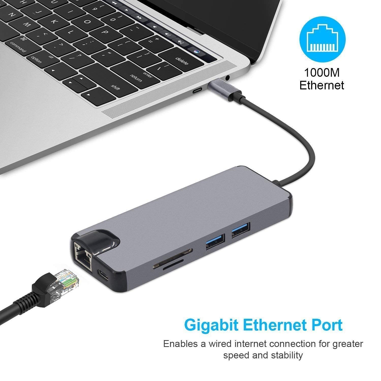 8 in 1 Type C USB hub, Gigabit Ethernet Port RJ45