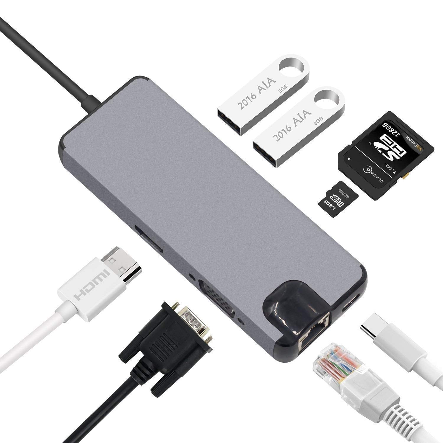 8 in 1 Type C USB hub, Gigabit Ethernet Port RJ45