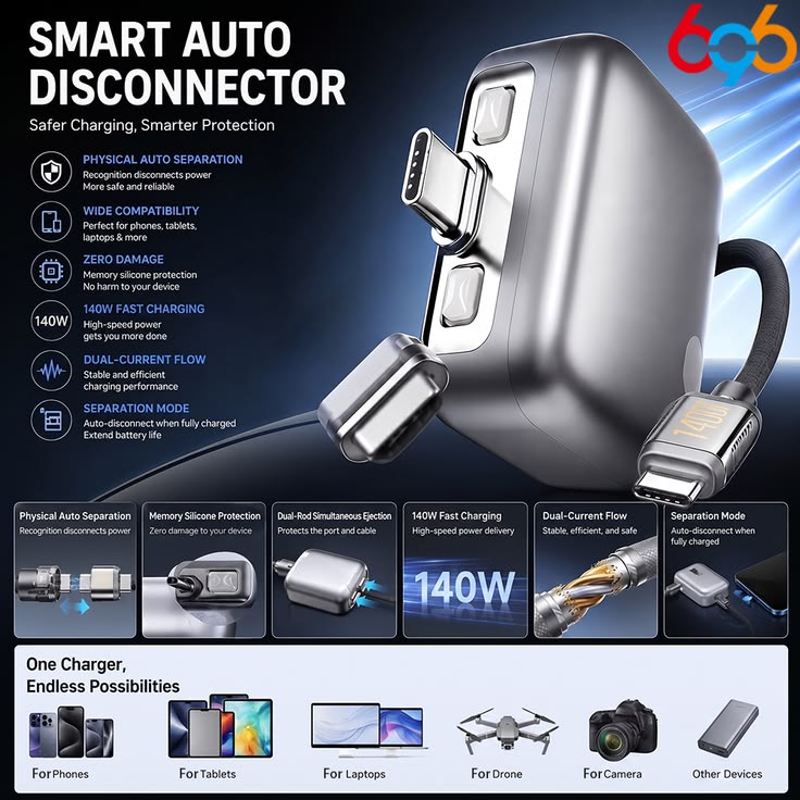 Smart Auto Stop Charging Adapter, Auto Disconnect Charging Cable Protector, Full Charge Eject Device